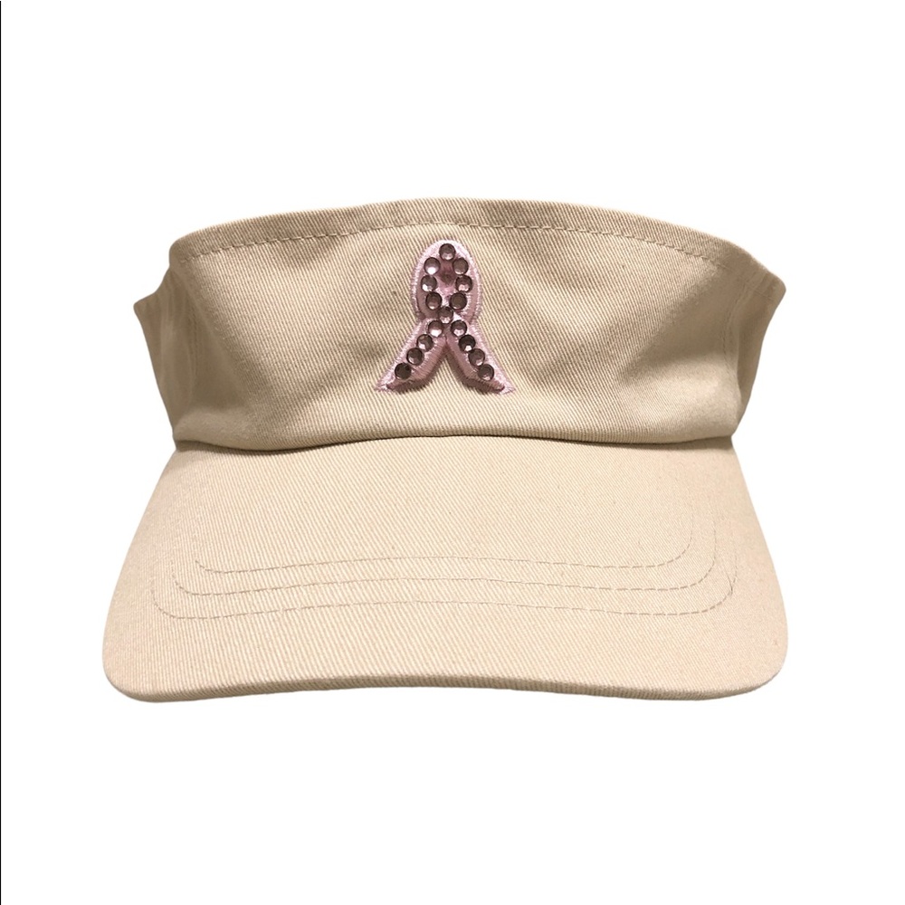Tennis visor with pink rhinestone breast cancer awareness ribbon
